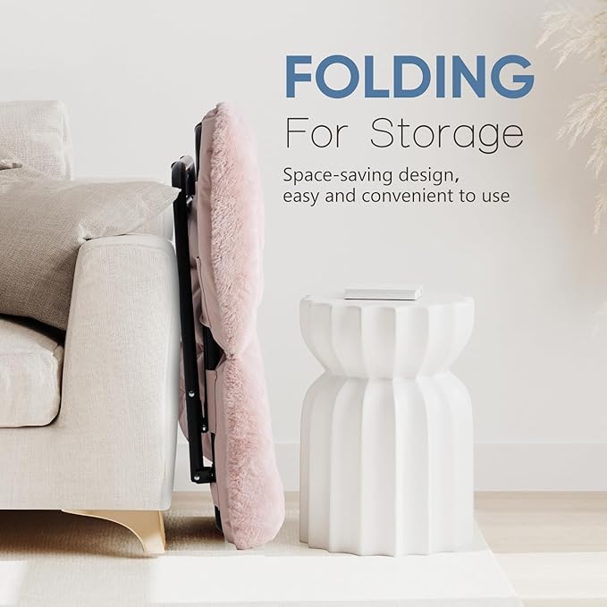 DUMOS Comfy Chair for Adults, Soft Faux Fur Folding Lounge for Bedroom Living Room Dorm Rooms Flexible Reading Chair for Teens, Large Size Foldable (Square-Blush)