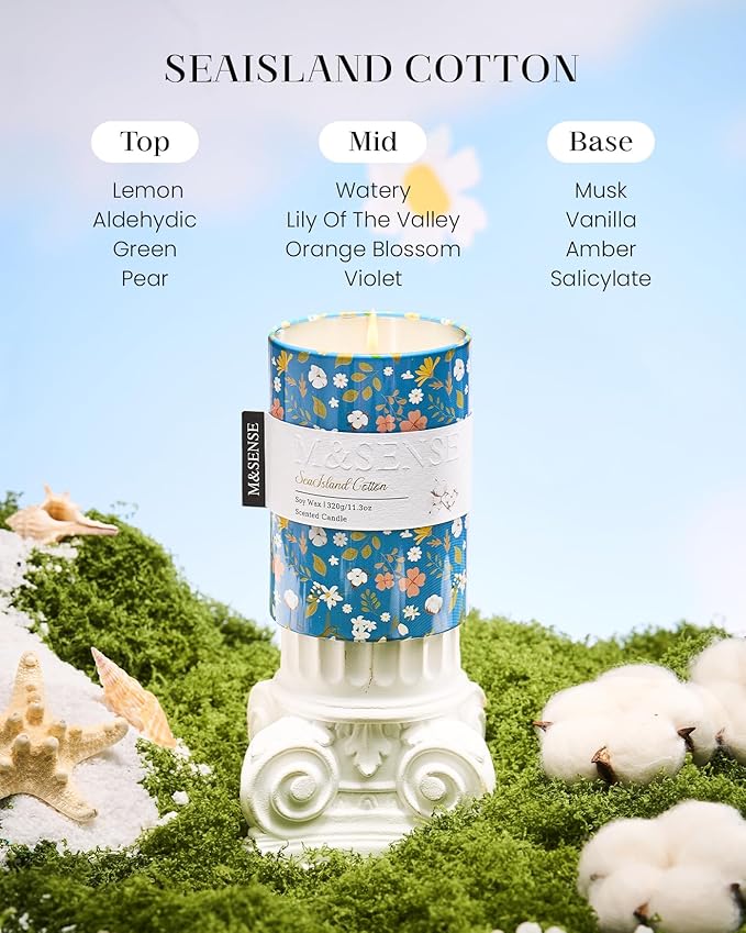 M&SENSE Sea Island Cotton Scented Candle, Medium Jar Candle 11.3oz Natural Soy Wax for Home Scented, Floral Candles Gift for Spring Holiday, Up to 70 Hours Burning Long-Lasting Fragrance