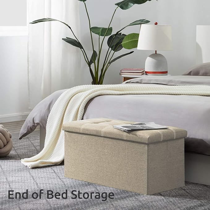YOUDENOVA 30 inches Folding Storage Ottoman, Ottoman with Footrest Seat Support 350lbs, Storage Bench for Living Room Bedroom, Linen Fabric Beige