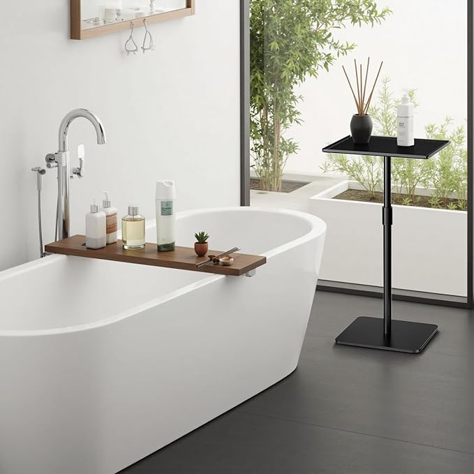 Height Adjustable C Shaped End Table,Metal Sofa Side Table,Small TV Tray Table for Small Spaces with Matte Black Tray,Bed Table Drink Coffee Tables for Bedroom,Black