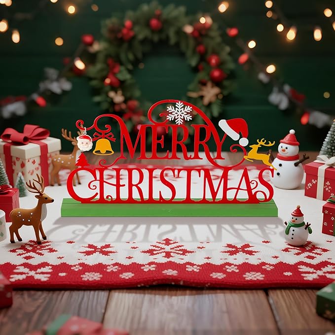 Metal Holiday Table Sign Decor, Decorations Tabletop Centerpiece for Home, Office, Shelf, Tiered Tray, Mantel, Indoor, Merry Christmas