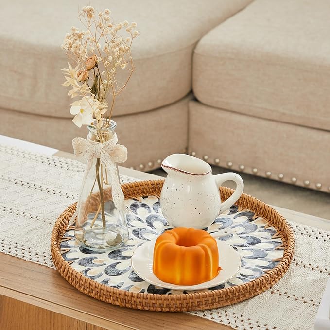 Shellac Rattan Tray with Mother of Pearl Inlay, Round Decorative Serving Tray for Home Décor Coffee Table Storage and Display, 100% Natural Materials - Ottoman Tray Black 13.5"