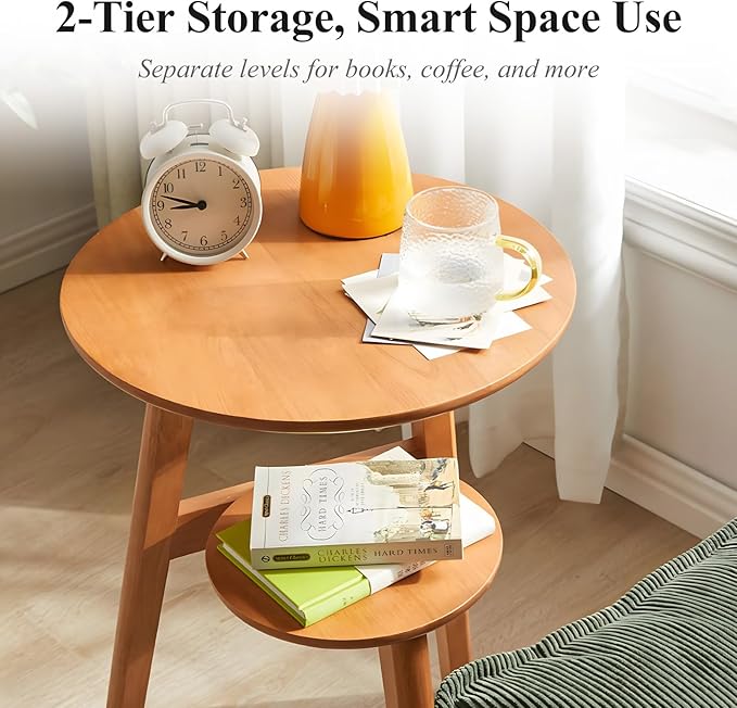 Side Table, 2-Tier Round End Tables Living Room, Mid Century Modern Side Table, Round Nightstand, Oak Accent Table, Small Round Coffee Table, 16.54" Dia.x 23.62" H(Natural)