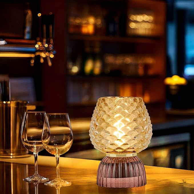Battery Operated Lamp with Timer, Cute Small Cordless Glass Table Lamp for Home Decor, Kitchen, Bathroom, Birthday Gift for Women, Pinecone, Amber
