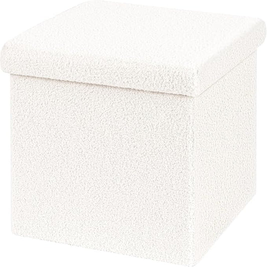B FSOBEIIALEO Small Storage Ottoman Cube Sherpa Ottomans Foot Rest, Foldable Boucle Ottoman, Faux Teddy Fur, Cream White 15"x15"x15"