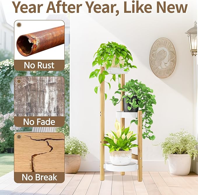 LASZOLA Bamboo White 3 Tier Heavy Duty Plant Stand Indoor, Tall Multiple Level Vertical Planter Rack for Modern Narrow Corner, Slim Spiral Flower Holder Organizer Display for House Decor, Plastic Tray