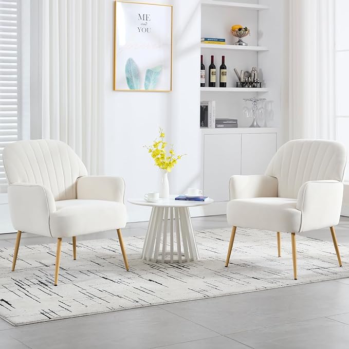 Velvet Accent Chair, Modern Upholstered Living Room Chairs, Luxury Single Sofa Armchair with Metal Legs, Comfy Barrel Chairs for Living Room, Bedroom, Waiting Room, Office and Cafe, Beige