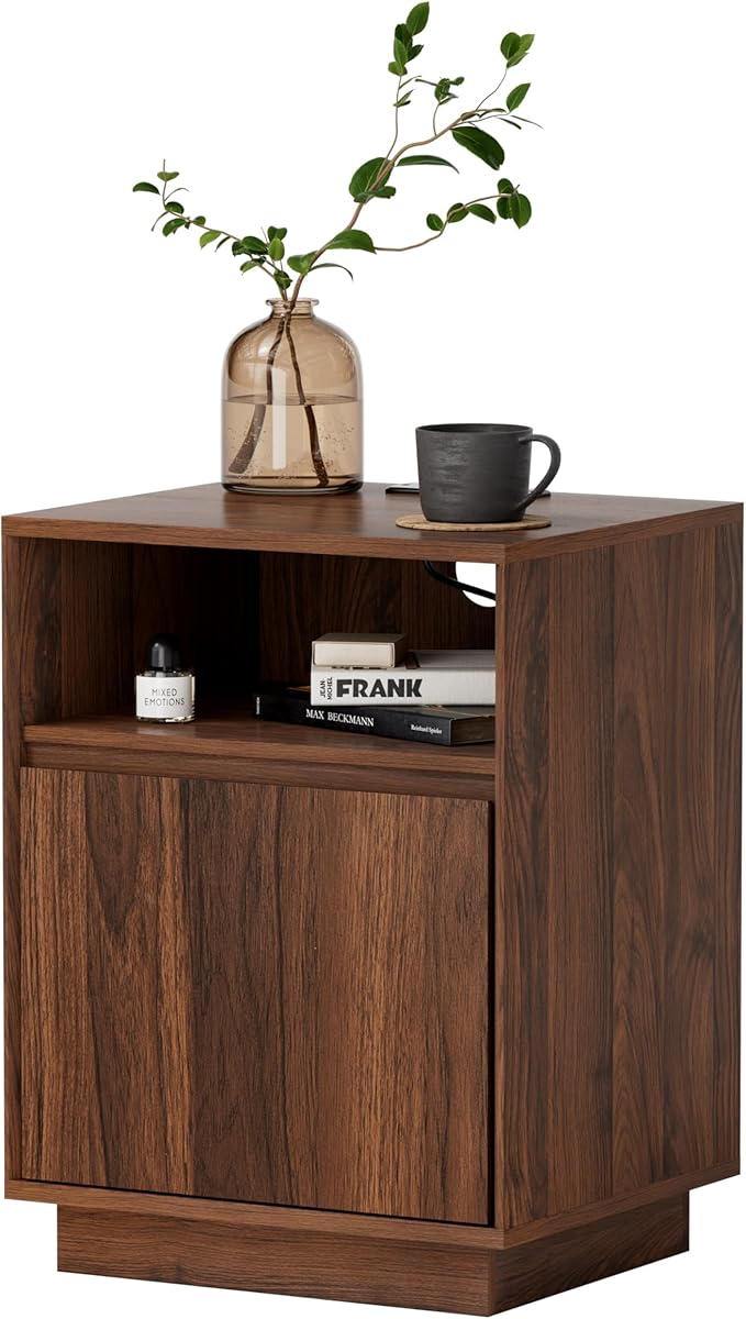 Farmhouse Nightstand with Door, Wood Storage End Table with Charging Station & Open Shelf, Bedside End Tables for Bedroom, Sofa, Brown