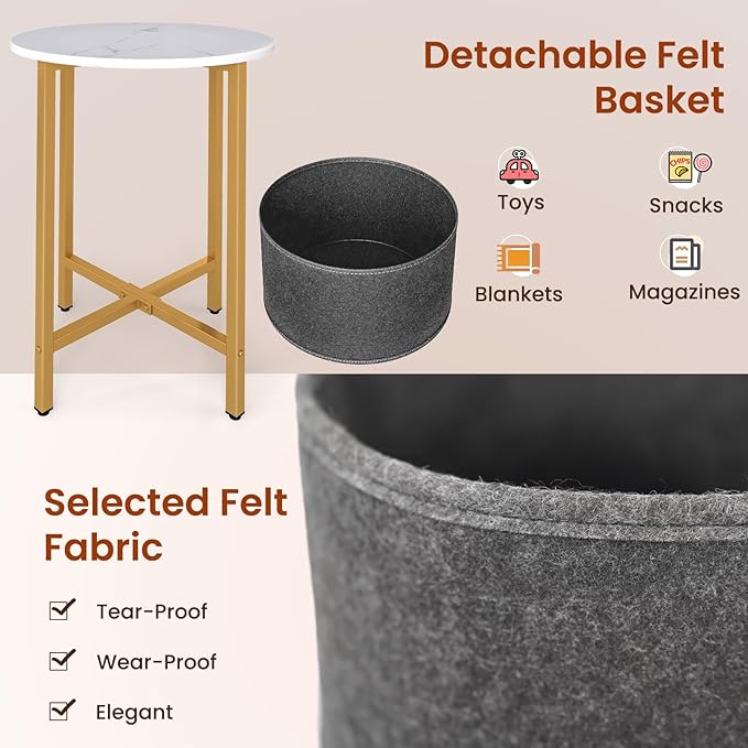 Giantex Round End Table Set of 2, Small Side Tables w/Removable Fabric Basket, Modern Bedside Tables w/Metal Frame, Sofa Couch Accent Tables for Small Space Living Room, Nightstand for Bedroom