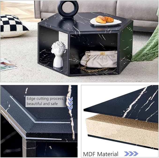 Modern Faux Marble Coffee Table with Storage, Geometric Living Room Table, Black Hexagon Tabletop with Compartments for Books, Decor & Drinks