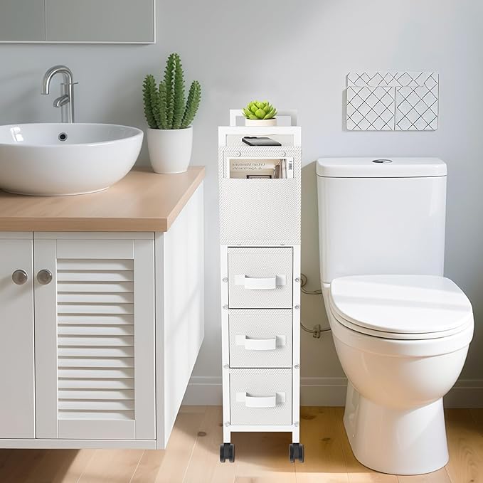 3 Drawer Small Narrow Side End Table for Small Spaces, Slim Nightstand Bedside Sofa Table with Wheels, Space Saving Skinny Thin Couch Desk with Storage Bag for Bedroom Living Room Bathroom,White