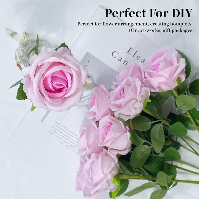 10 PCS Artificial Roses with Long Stems Silk Flowers Realistic Foam Flowers Fake Roses for Valentine's Day Home Wedding Halloween Decor(Light Pink)