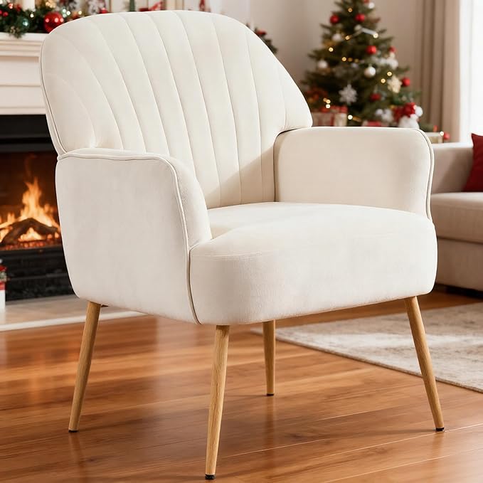 Velvet Accent Chair, Modern Upholstered Living Room Chairs, Luxury Single Sofa Armchair with Metal Legs, Comfy Barrel Chairs for Living Room, Bedroom, Waiting Room, Office and Cafe, Beige