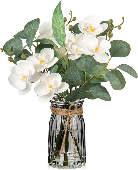 White Orchids Artificial Flowers with Vase Fake Flower in Vase Artificial Eucalyptus Stems in Glass Vases with Faux Water Faux Orchid with Eucalyptus Leaves Arrangement for Dining Table Centerpiece