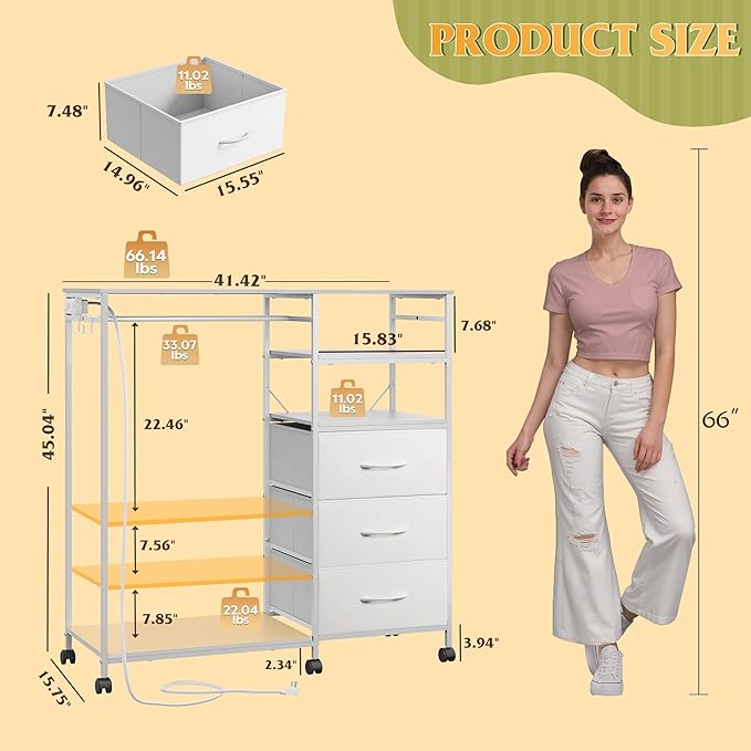 WLIVE White Dresser with Hanging Rack for Bedroom, 3 Drawer Dresser with LED Lights & Charging Station, Fabric Dressers & Chest of Drawers, Storage Organizer with Open Shelves for Living Room