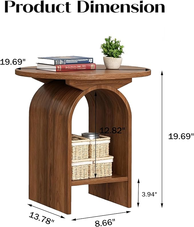 Modern Round Wooden Side Table Set of 2, Small Decorative Coffee Table Vintage Nightstand with Lower Open Shelf for Living Room, Bedroom Or Small Space, Walnut X2