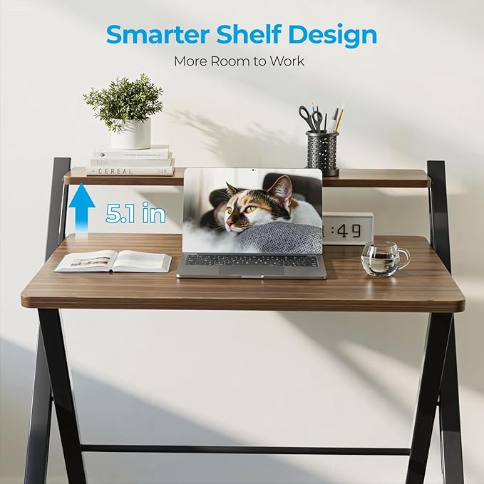 GreenForest No Assembly Folding Desk, 2-Tier Compact Computer Desk with Shelf, 30 inch Space Saving Foldable Table for Home Office, Dorm or Apartment, Portable Collapsible Sturdy Laptop Desk, Espresso