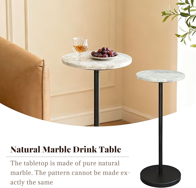 Nature Marble Drink Table, Pedestal Table, Small Round Side Table, Martini Table for Living Room, Bathroom, Small Space (Black 1)