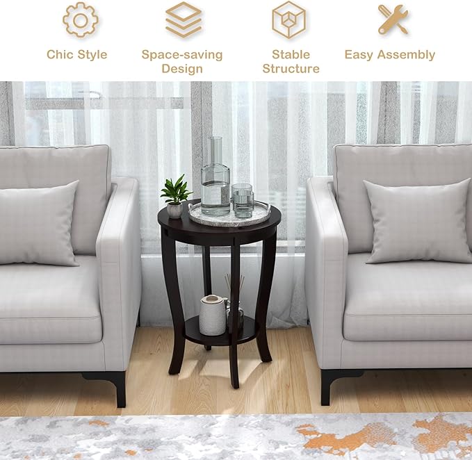 Giantex Round End Tables Set of 2, 2 Tier Side Table with Storage Shelf and Solid Wood Legs, 18" x 18" Accent Table for Corner Small Spaces, Compact Night Stand for Living Room Bedroom, Espresso
