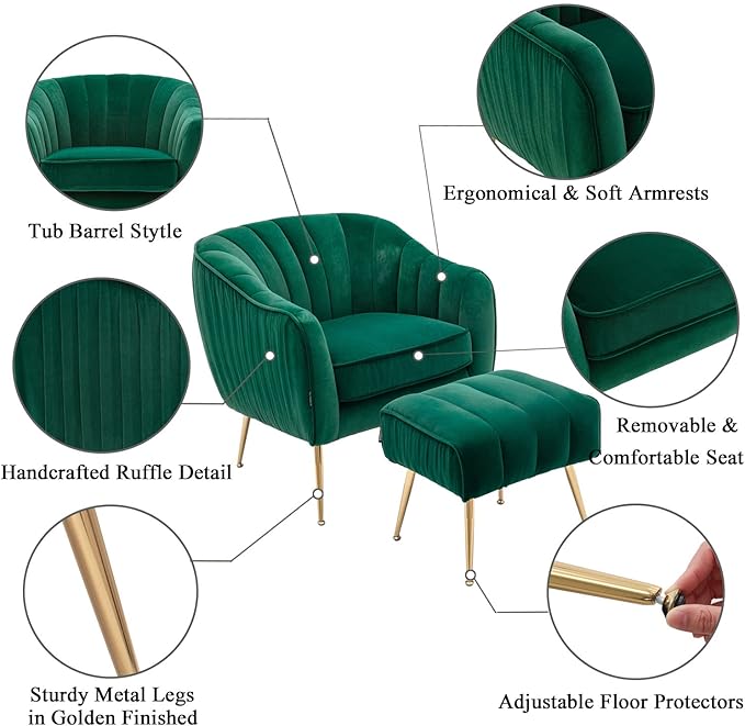 Velvet Accent Chair with Ottoman, Modern Tufted Barrel Chair Ottoman Set for Living Room Bedroom, Golden Finished, Dark Green