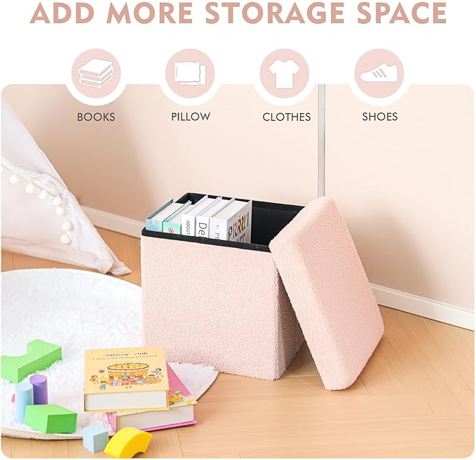 B FSOBEIIALEO Small Storage Ottoman Cube Sherpa Ottomans Foot Rest, Foldable Boucle Ottoman, Faux Teddy Fur, Pink 12.6"x12.6"x12.6"