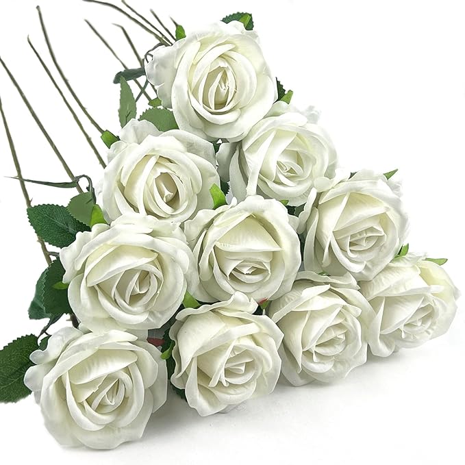 10 PCS Artificial Roses with Long Stems Silk Flowers Realistic Foam Flowers Fake Roses for Valentine's Day Home Wedding Halloween Decor(White)