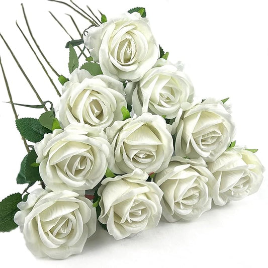 10 PCS Artificial Roses with Long Stems Silk Flowers Realistic Foam Flowers Fake Roses for Valentine's Day Home Wedding Halloween Decor(White)