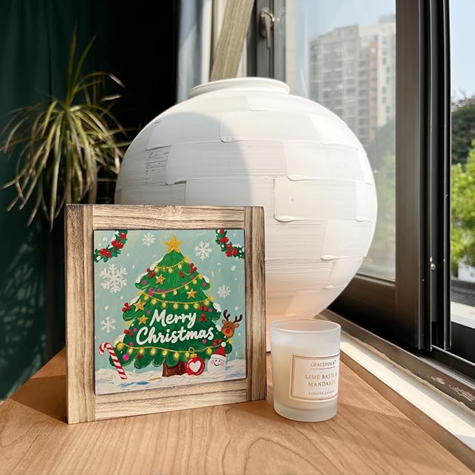 Christmas Tree Wood Sign, Farmhouse Wooden Box Sign Plaque, X-mas Decor Ornament, Christmas Tree Decorations for Home Office Indoor Shelf Table Desk, X-mas Gift