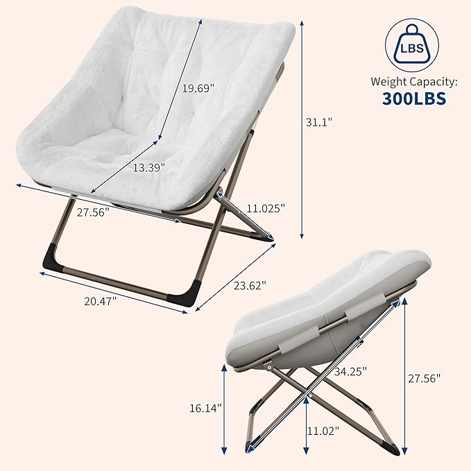 Folding Saucer Chair for Adults, Comfortable Living Room Lounge Chair with Soft Faux Fur Cushion, No Assembly Required, Foldable Accent Furniture for Apartments/Dorms/Bedrooms, White