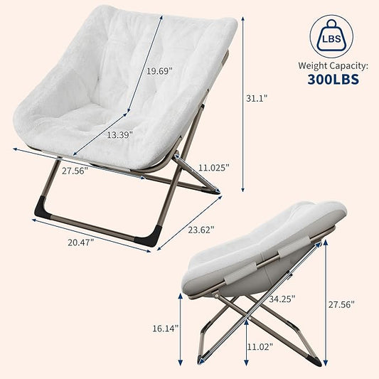 Folding Saucer Chair for Adults, Comfortable Living Room Lounge Chair with Soft Faux Fur Cushion, No Assembly Required, Foldable Accent Furniture for Apartments/Dorms/Bedrooms, White