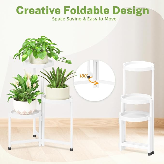 iDavosic.ly 3 Tier Folding Plant Stand Indoor Outdoor with Plastic Tray, Tiered Corner Flower Holder Shelf, Metal Orchid Display Rack for Patio Porch Living Room Garden Balcony, White