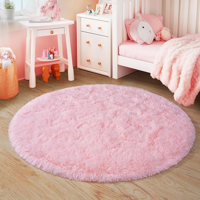 5'x5' Round Pink Rugs for Girls Bedroom, Ultra Soft Fluffy Circle Rug for Kids Room, Cute Shag Rugs for Living Room Playroom Tent Castle Home Decor Rug
