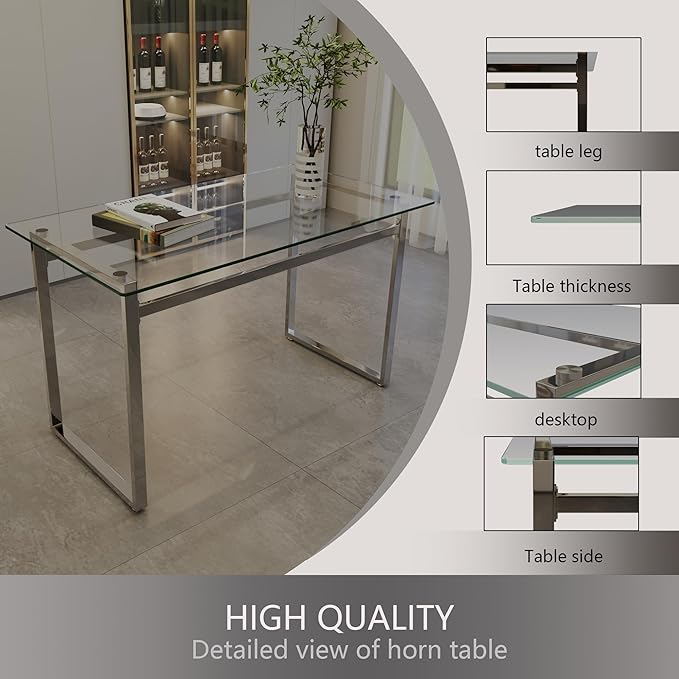 Glass Dining Table, 51'' Rectangle Dining Room Table,Modern Glass Kitchen Table with Tempered Glass Tabletop and Metal Leg,Dining Table for 4 Suitable Kitchen Dining Living Meeting Room(Silver)
