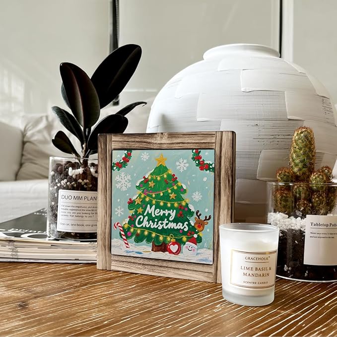 Christmas Tree Wood Sign, Farmhouse Wooden Box Sign Plaque, X-mas Decor Ornament, Christmas Tree Decorations for Home Office Indoor Shelf Table Desk, X-mas Gift