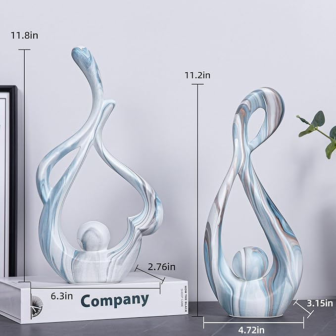 Blue Sculptures Home Decor, Ceramic Statues Coffee Table Decor for Living Room, Table Centerpiece for Dining Room, Shelf, Entry, Modern Minimalist Abstract Art Objects (2pcs)
