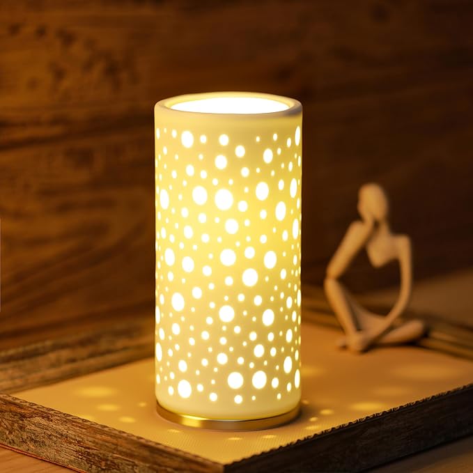 Small Modern Ceramics Bedside Table Lamp, 4 x 4 x 8 Inch White Round Hole Style Nightstand Lamps, Side Table Lamps for Bedroom Living Room Entryway Table Light