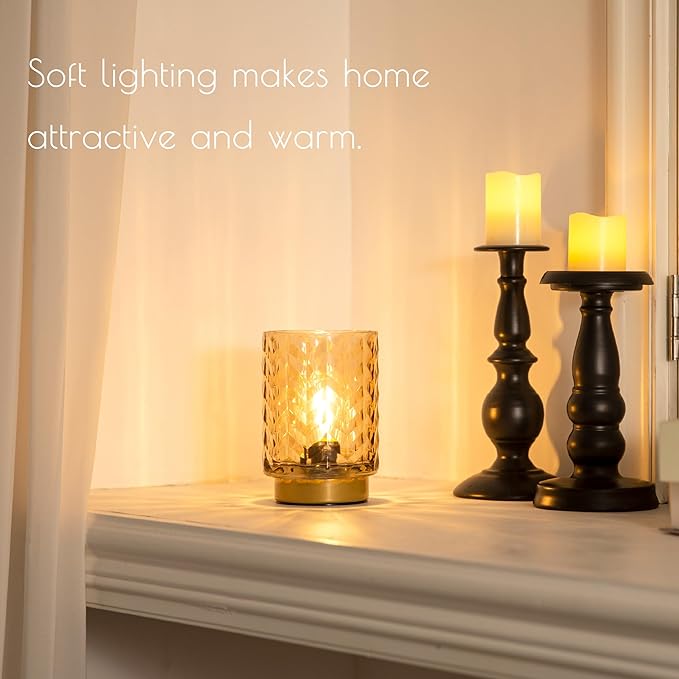 Aesthetic Battery Operated Lamp with Timer, Small Decorative Table Lamp, Glass Cordless Lamps Bedside Battery Powered Lamp for Living Room, Entryway Wave Design-Amber