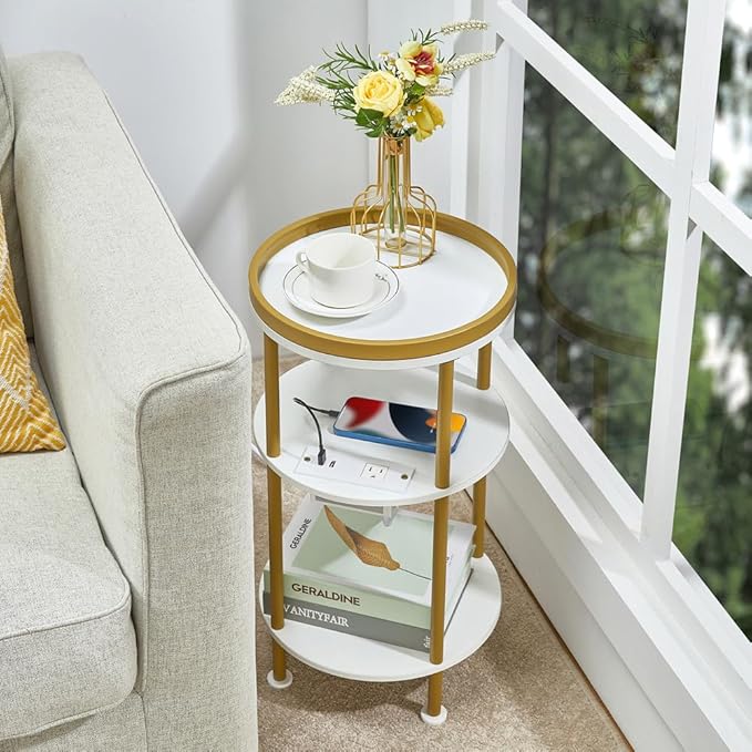 Small Round End Table with Charging Station, 3-Tier Accent Couch Beside Table with USB Ports & Power Outlets, Sofa Side Table for Living Room Small Nightstand Bedroom (USB Charger, White+Gold)