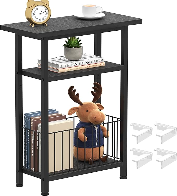 Heybly Small Narrow Side Table for Small Space, Thin Bedside Table with Storage Basket, Skinny End Table, 25.2" Tall Nightstand, Couch Table for Living Room, Bedroom, Study, Kitchen, Black, HET004BK1