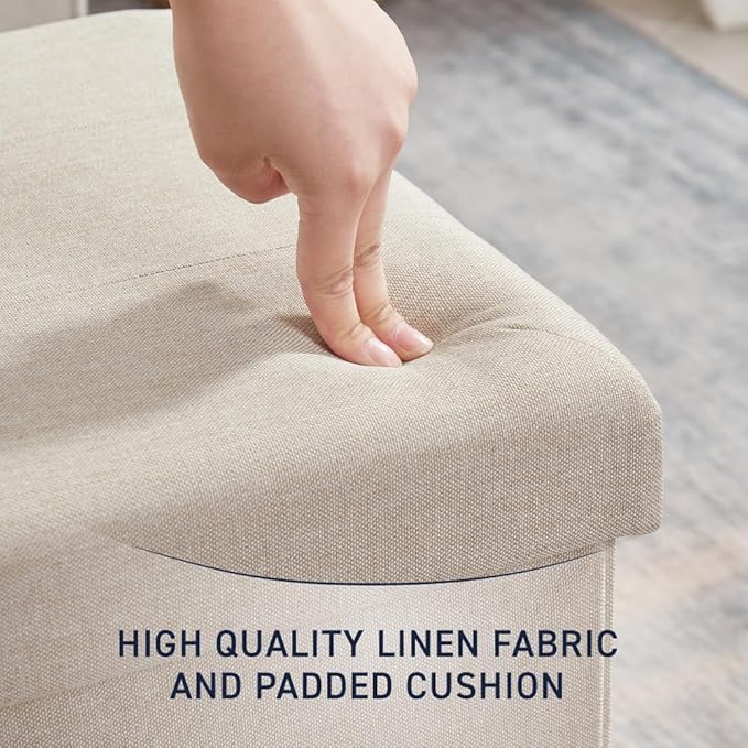 Ornavo Home 15 Inch Folding Storage Ottoman, Square Small Storage Foot Rest Stool, Bedroom Bench - Beige