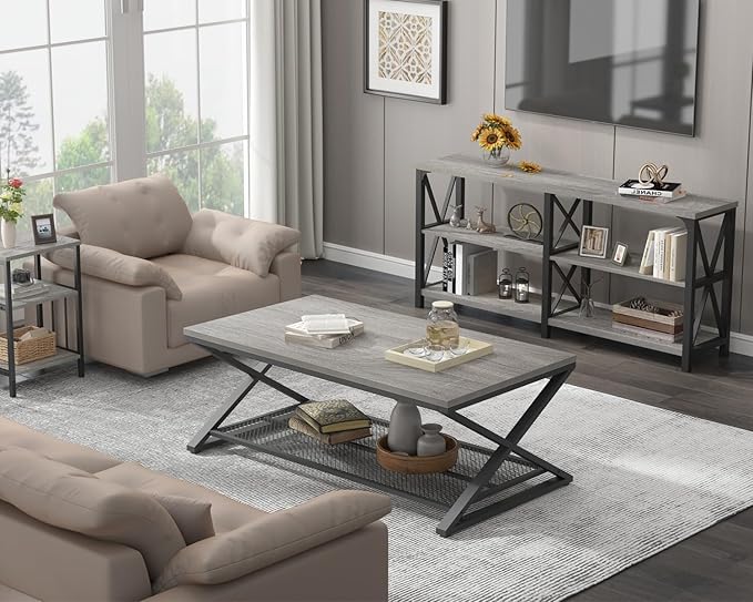 LVB Gray Coffee Table, Farmhouse Wood Metal Center Table with Storage for Living Room, Industrial Wooden 2 Tier Rectangle Cocktail Tea Table with Mesh Shelf for Office Bedroom, 47 inch, Light Grey Oak