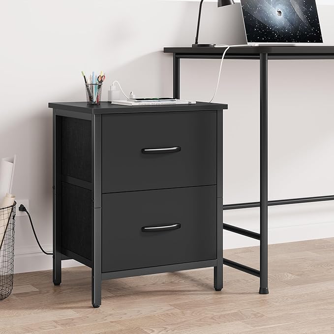 Vagusicc Nightstand Set of 2 with Charging Station, End Table Bedside Table with Power Outlet & USB Ports, Side Table with 2 Fabric Drawers for Bedroom, Living Room, Black