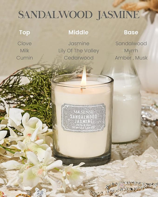 M&SENSE Sandalwood Jasmine Scented Candles, Classic Size 8.8 oz Glitter Jar, Holiday Natural Candles Gifts for Women, 50 Hours Long Burning for Winter Home Decor