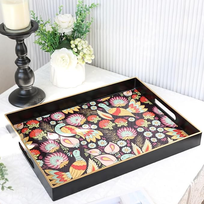 Spsyrine Decorative Serving Tray with Handles, Black Lacquered Coffee Table Tray for Ottoman, Rectangle Waterproof Platters for Centerpieces, Parties, Living Room, Kitchen Counter Organization Peacock
