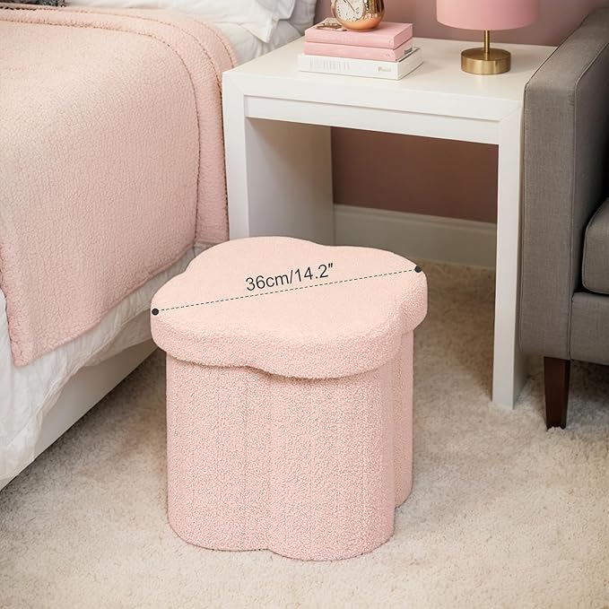 12.6" Small Ottoman with Storage, Flowers Shaped Foldable Foot Rest for Dorm Room, Living Room - Compact Organizer for Small Spaces-Pink