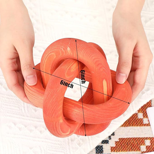3 Link Wood Knot Decor - Hand Carved Coffee Table Decoration, Boho Chain Link Decor, Modern Shelf, Rustic Objects for Home Living Room Bedroom (Orange)