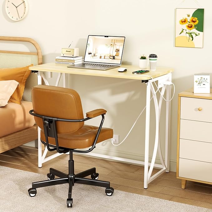 Mini Desk, 31.5" Small Desk for Bedroom with Power Outlet, Foldable Desks for Small Spaces & Home Office, Easy Assembly, Beige Floor Patten