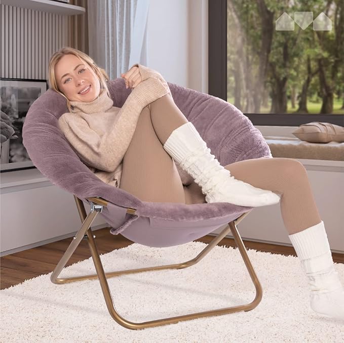 Milliard Saucer Chair For Adults, Teens & Kids, Purple, Faux Fur XL Circle Chair for Bedroom, Dorm & Gaming, Foldable Comfy Accent Seat for Small Spaces, Folding Moon / Mushroom / Round Style