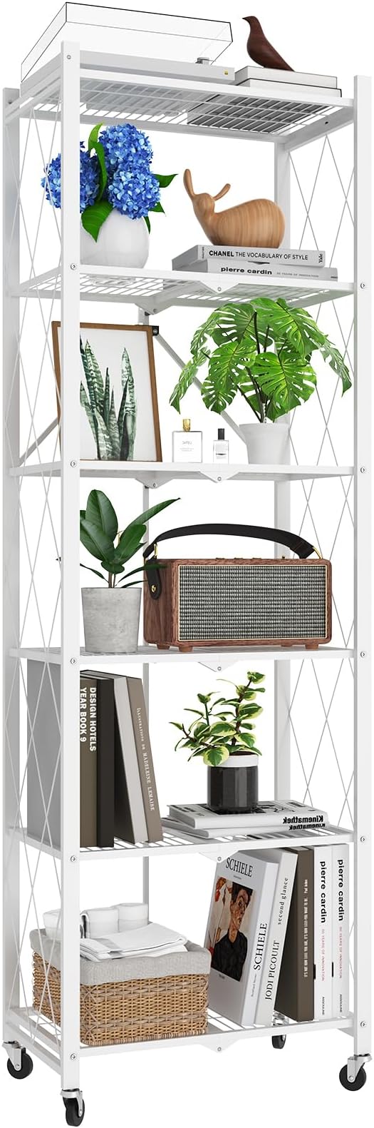 72" H 6 Tier Foldable Storage Shelf with Wheels, Folding Shelving Loads 600 LBS, Metal Steel Garage Shelves, Rolling Standing Utility Rack for Kitchen, Pantry, Office, White