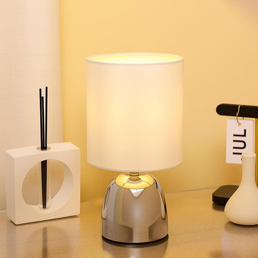 Small Modern Touch Eye Protection Bedside Table Lamp, 5.5 x 5.5 x 10 Inch Farmhouse Table Lamps, Silver Metal Base Table Lamp for Living Room Bedrooms and Office (White Fabric Lampshade)